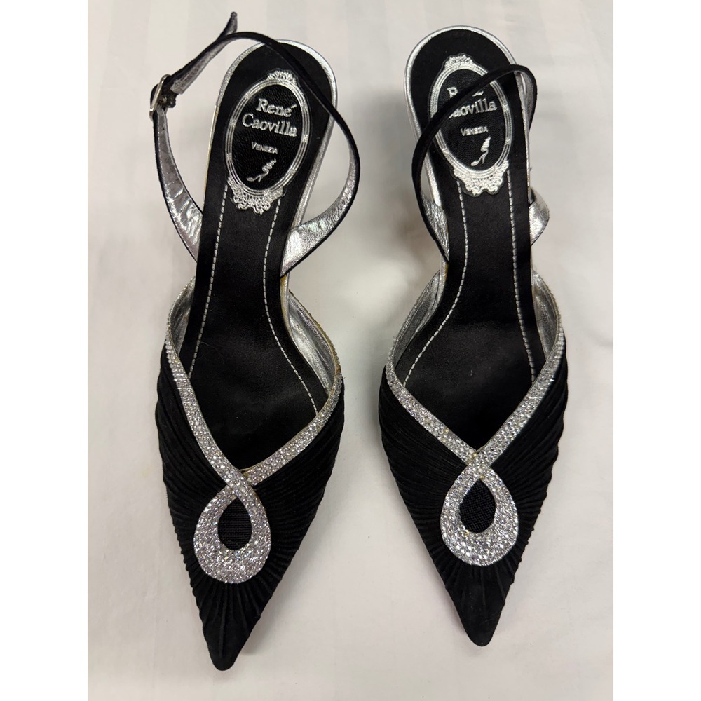 Rene Caovilla Black Satin Crystal Embellished Slingback Heels Size 37 Italy